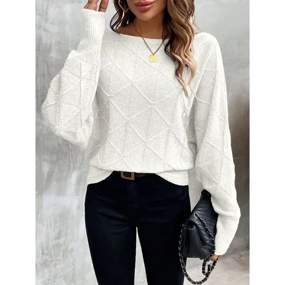Ribbed knit crosshatch crewneck sweater batwing white - Picture 1 of 6